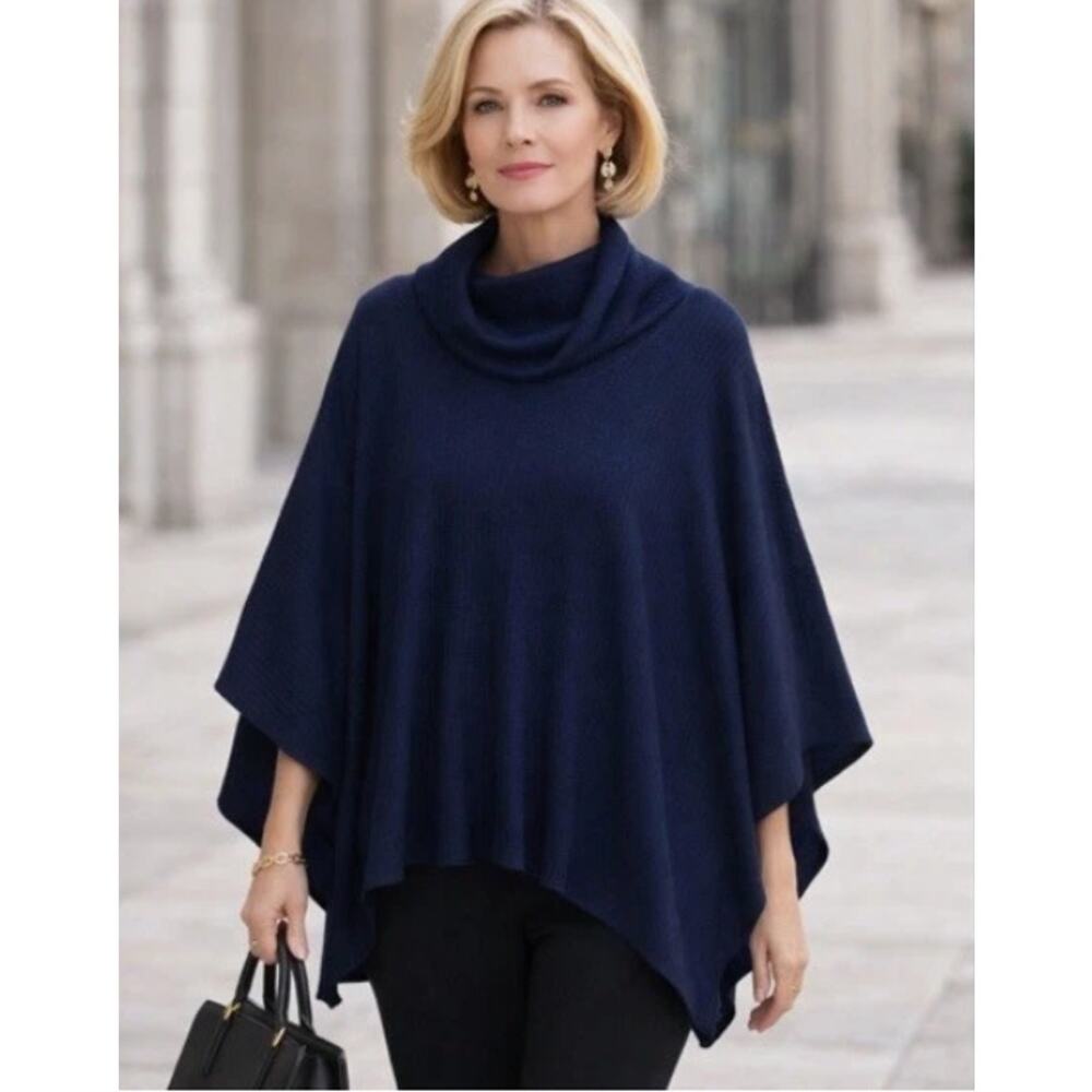 EILEEN FISHER Navy Blue Ribbed Knit Cowl Neck Merino Wool Poncho Sweater OS